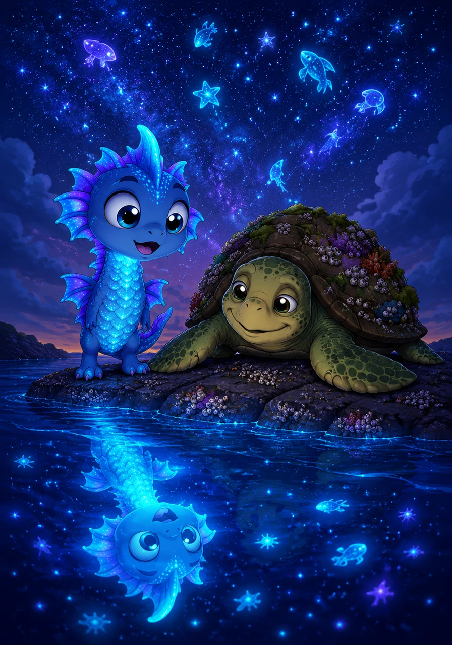 He looked back down into the dark water and saw his own bioluminescent reflection glowing brightly against the rhythmic waves. He realized that the stars in the sky looked just like the glowing creatures in his home, connecting the two worlds in a single tapestry of light.