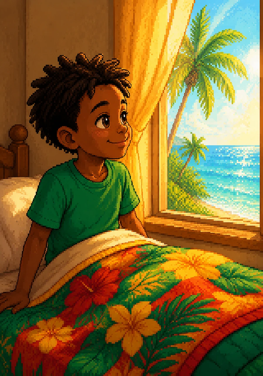Kofi wakes up to the bright Jamaican sun pouring through his window like liquid gold. Outside, the turquoise sea sparkles and the tall palm trees dance gently in the warm morning breeze.