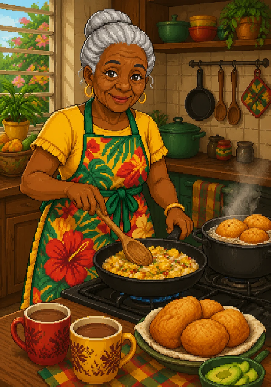 In the kitchen, Grandma is busy cooking a delicious traditional breakfast of ackee and saltfish. The air fills with the mouth-watering aroma of fried dumplings and sweet, steaming hot chocolate.