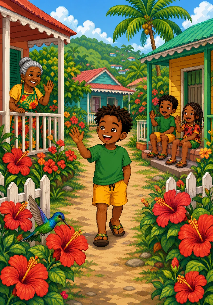 Kofi walks through his colorful neighborhood, waving to neighbors sitting on their verandas. Brilliant red hibiscus flowers bloom along the fences, and a tiny, iridescent doctor bird sips nectar nearby.