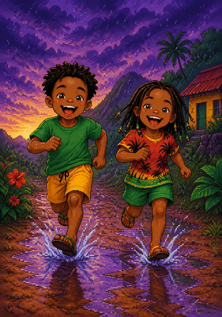 Later in the afternoon, the sky turns a deep violet as a sudden, warm tropical shower falls upon the island. Kofi and his sister run outside, laughing and splashing in the clean puddles as the rain cools the earth.