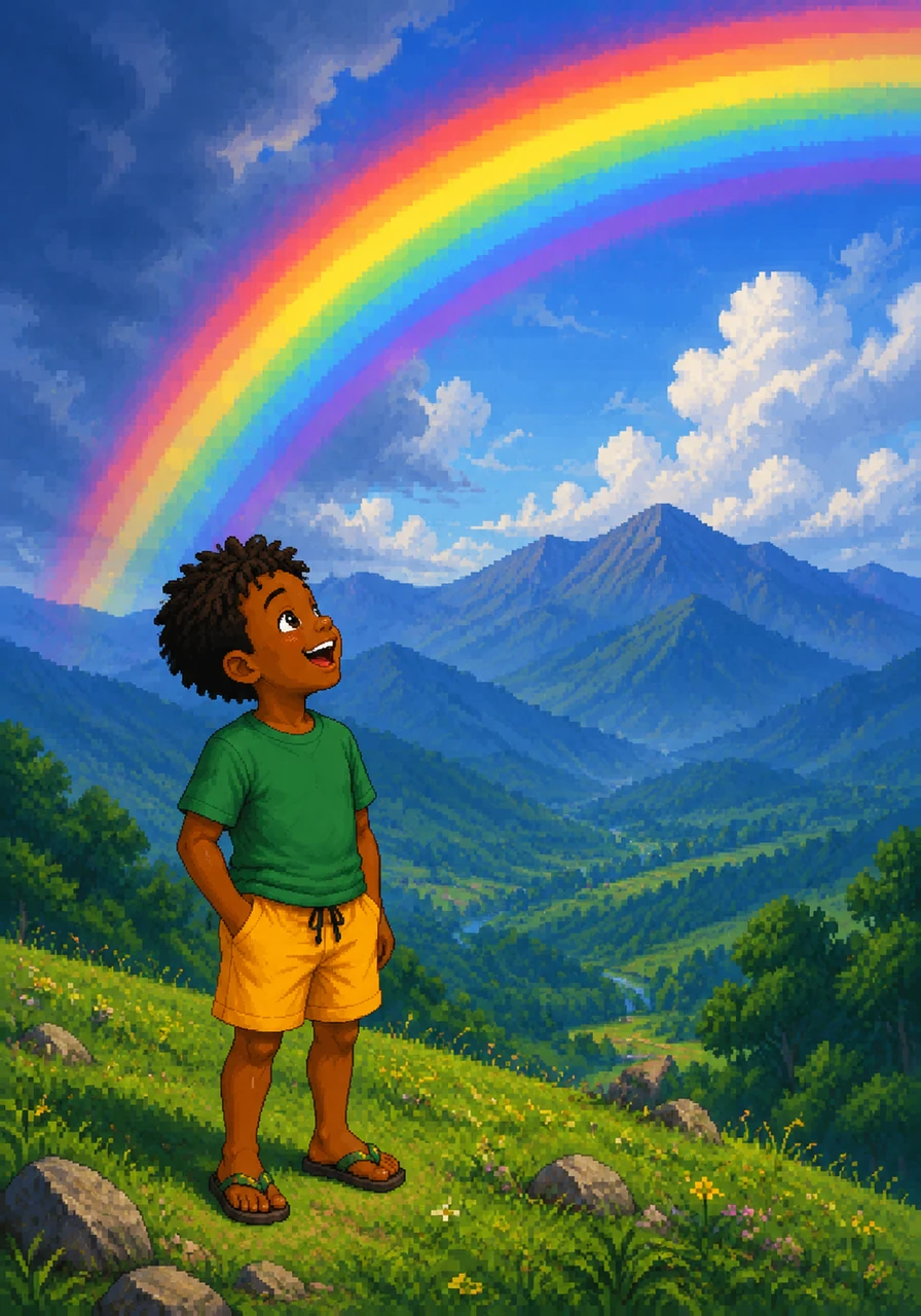 The rain clears just as quickly as it arrived, leaving behind a magnificent, giant rainbow that stretches across the blue mountains. Kofi stands on the lush green hillside, marveling at the bright bands of color.