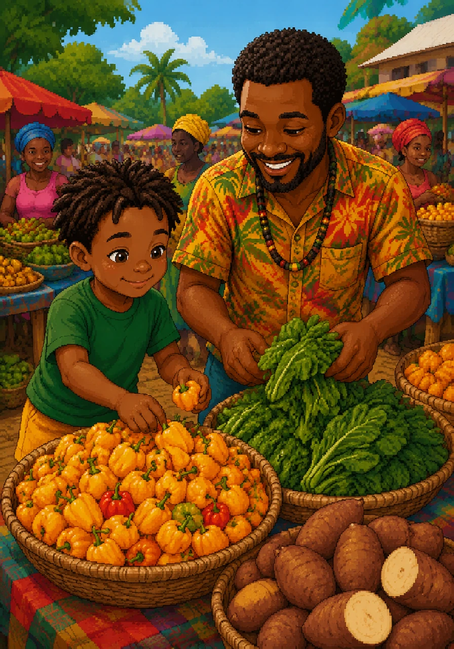 Down at the lively street market, Kofi helps his uncle sort through mounds of bright yellow scotch bonnet peppers, green callaloo, and sweet yams. The market is alive with the chatter of vendors and the bright colors of fresh produce.