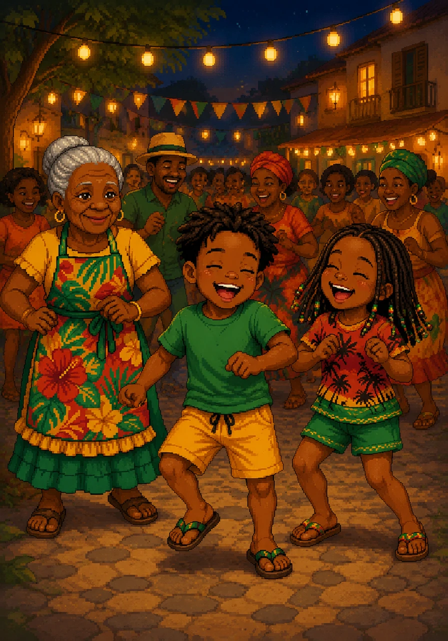 Everyone gathers in the town square for an evening street party filled with dancing and laughter. Kofi sways and spins alongside his family, feeling completely wrapped in the love and energy of his community.