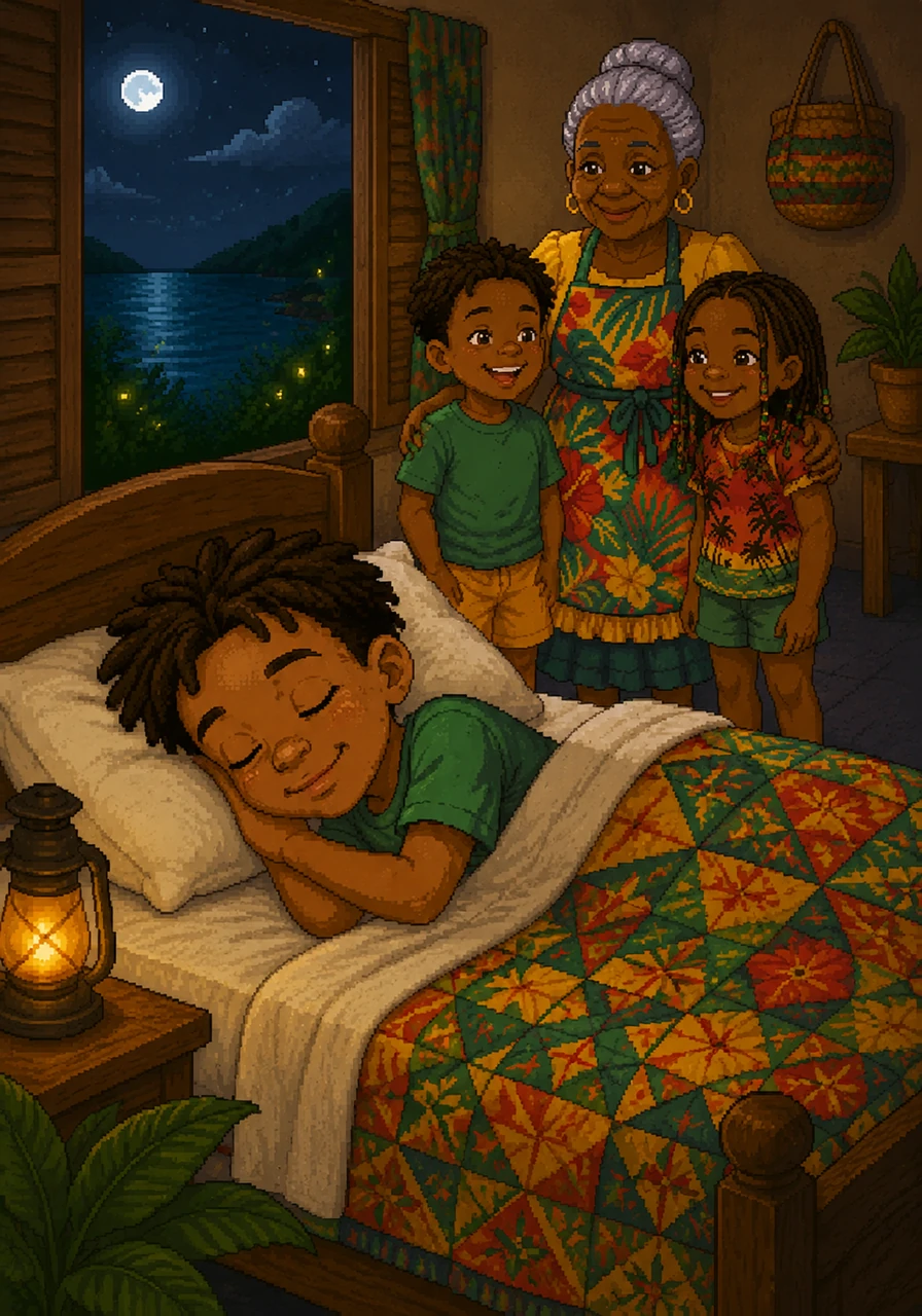Back at home, Kofi snuggles into his bed as the gentle sound of tree frogs chirping fills the cool night air. With a happy heart and a belly full of good food, he drifts off to sleep dreaming of his beautiful island.