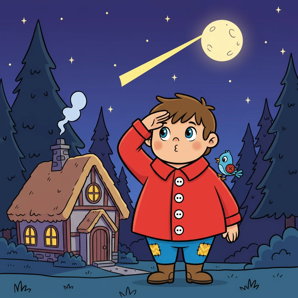Barnaby Button, a young boy with a bright smile and even brighter eyes, lived in a cozy cottage nestled beside a whispering wood. One evening, as the stars began to twinkle, Barnaby noticed something was amiss. A single moonbeam, usually shining brightly, was missing from the sky.