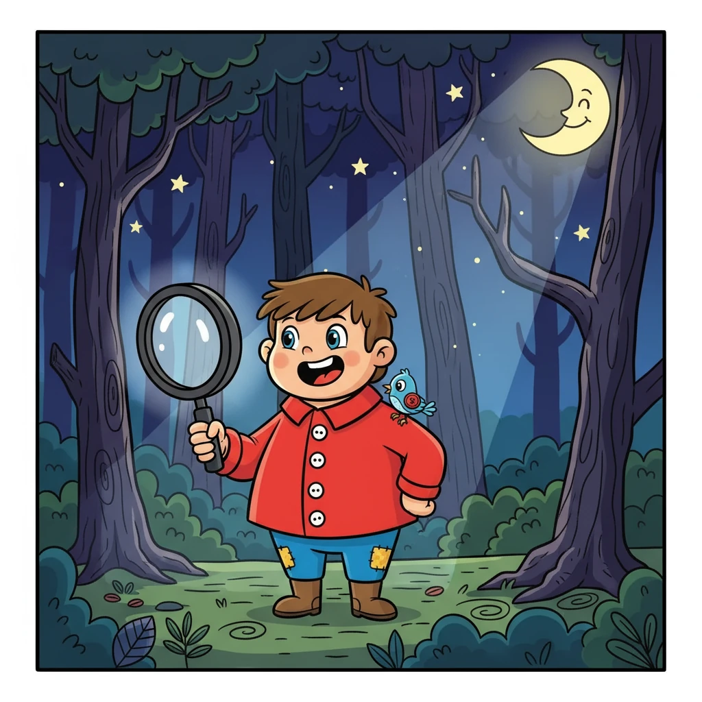Barnaby, determined to find the missing moonbeam, grabbed his favorite magnifying glass and stepped outside. The whispering wood beckoned, its shadows dancing in the moonlight. He knew his adventure had begun, and his heart thumped with excitement.