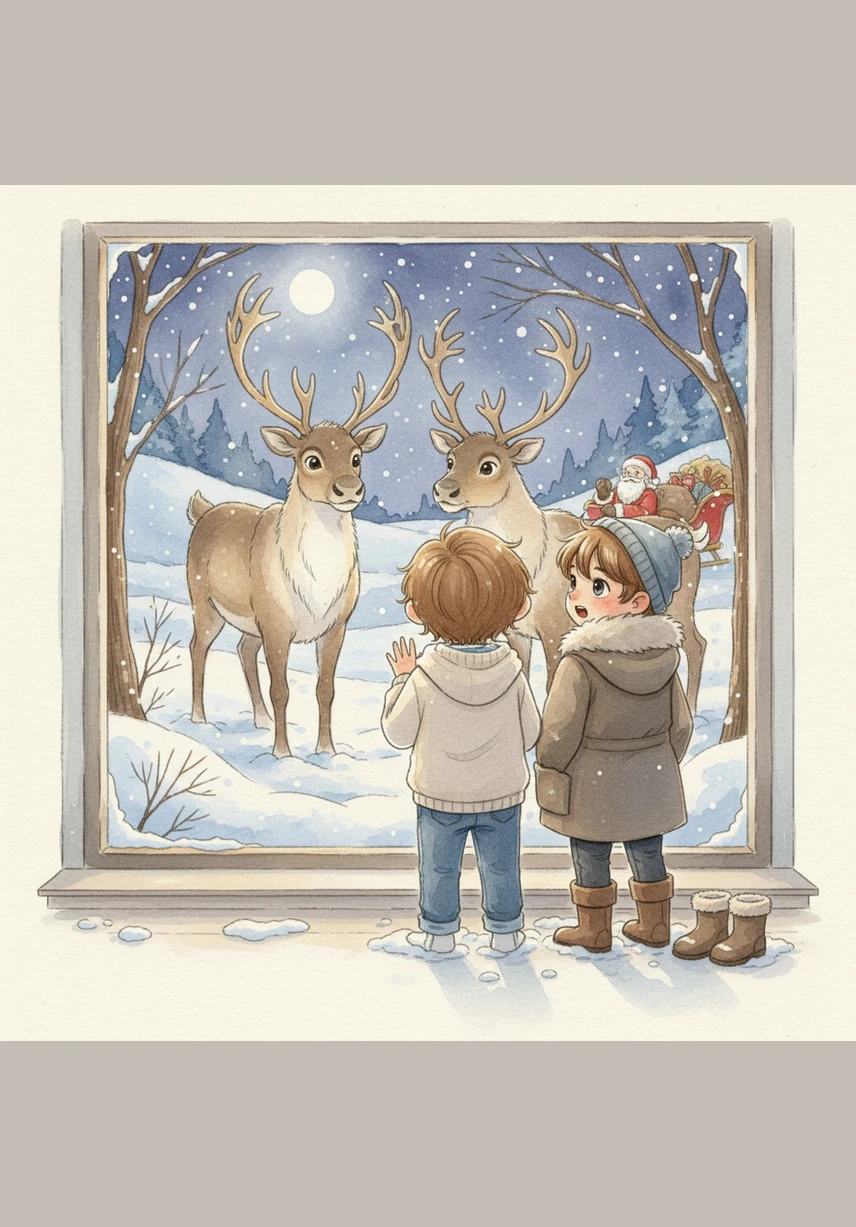 Leo and Liam look out their bedroom window to find two majestic, shimmering reindeers waiting for them in the snowy backyard. The boys quickly put on their warmest winter coats and boots, their eyes wide with wonder at the magical visitors.