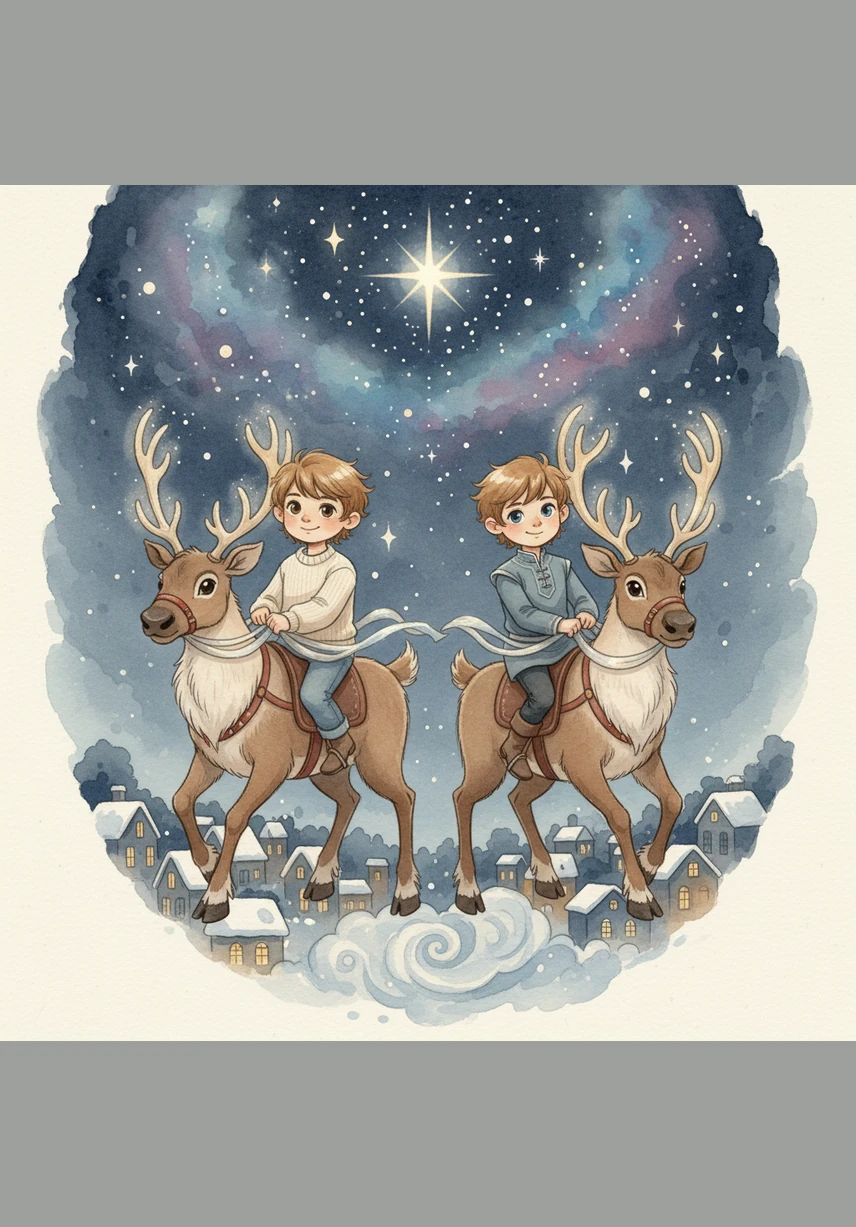 With a gentle nudge from the reindeers, the twins climb onto their backs and take hold of their silken manes. With a powerful leap, they soar into the midnight sky, leaving their quiet neighborhood behind as they head toward the North Star.