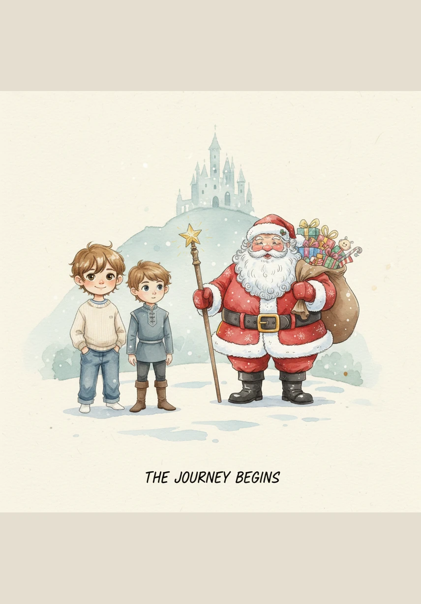 The boys arrive at the North Pole, a sparkling land of ice palaces and glowing workshops nestled among snow-capped mountains. Santa Claus stands outside his front door, his red suit bright against the snow, waving a warm and jolly welcome to his young helpers.
