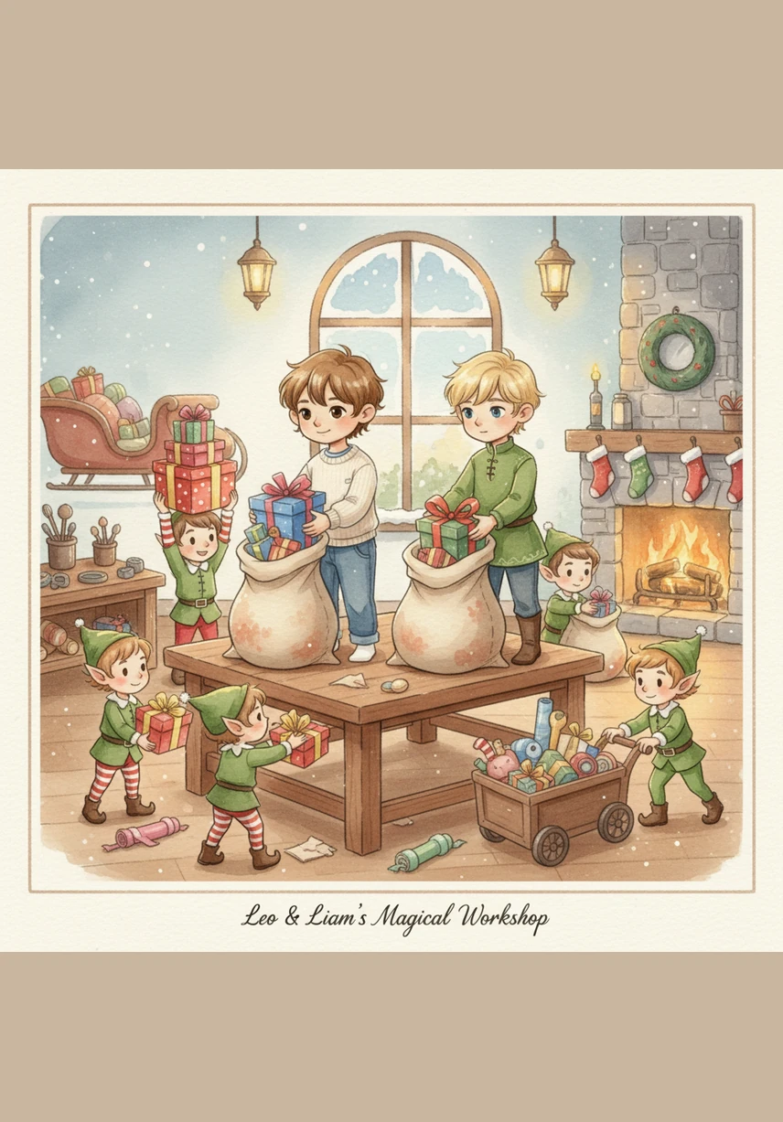 Inside the bustling workshop, Leo and Liam work alongside busy elves to organize the final batches of colorful presents. The air is filled with the scent of cinnamon and the sound of hammers tapping as the last toys are tucked into Santa's enormous velvet bag.