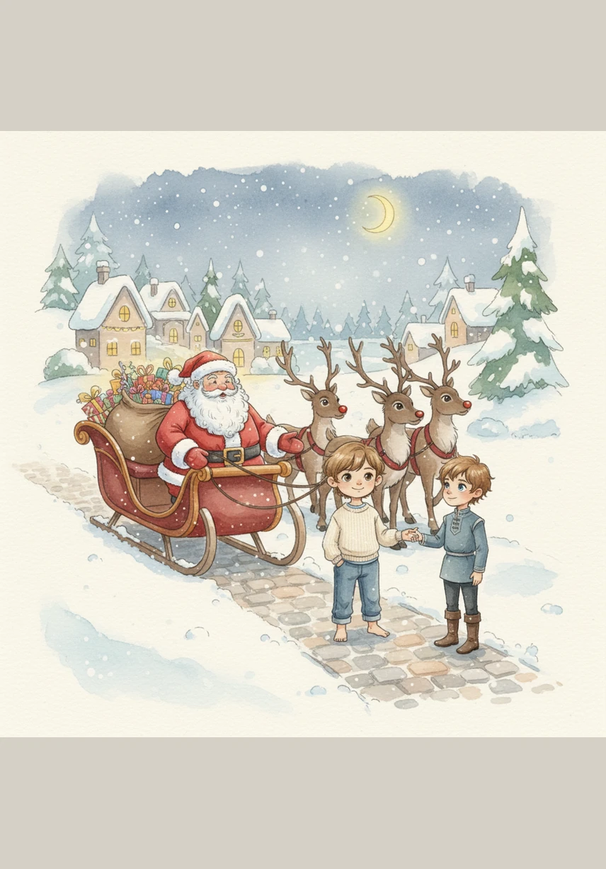 Santa invites the twins to join him on his magnificent sleigh, which is hitched to their new reindeer friends. They take off into the clouds, the sleigh bells jingling a rhythmic tune that echoes across the moonlit sky.