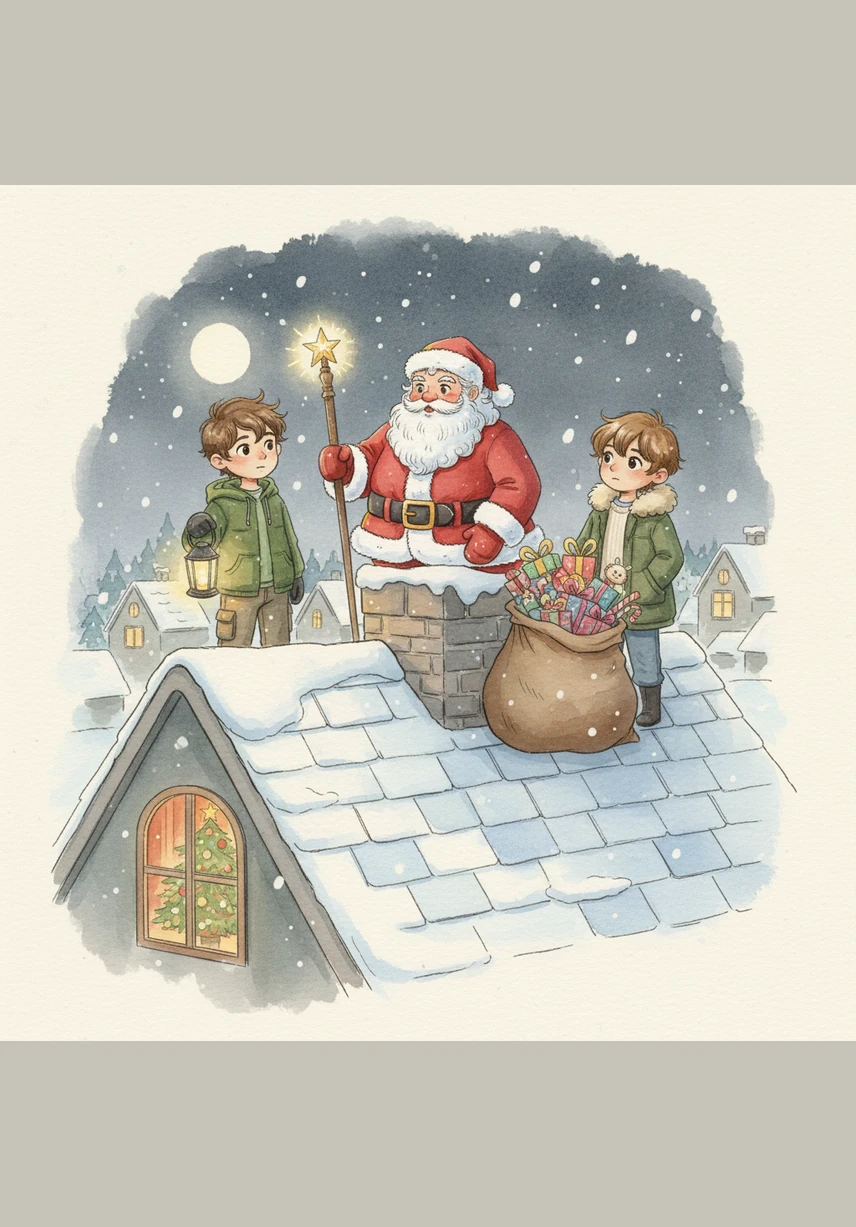 The team arrives over a sleeping city, and Leo and Liam bravely follow Santa down a wide brick chimney. They land softly in the soot, feeling the thrill of a secret mission as they prepare to leave surprises for children waiting below.
