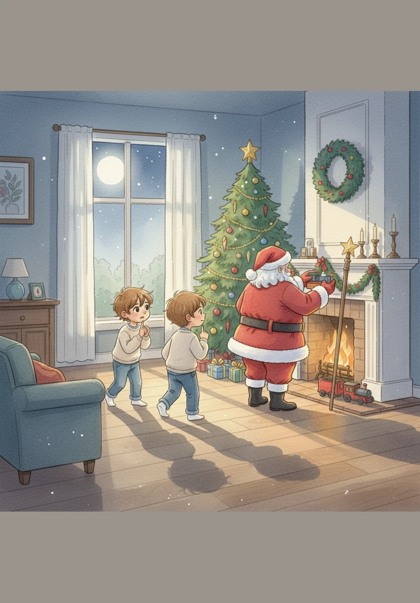 Inside the quiet living room, the twins carefully place wrapped boxes and striped candy canes under a beautifully decorated Christmas tree. They move with tip-toe precision, making sure not to wake the family sleeping upstairs before climbing back up the chimney.