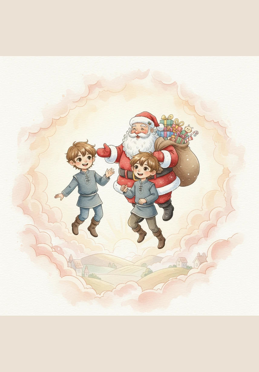 As the first light of dawn begins to touch the horizon, the group flies back through the soft clouds toward the boys' home. Santa turns to the twins with a twinkle in his eye, thanking them for their selfless help in making the world a little brighter.