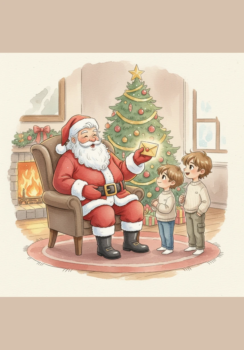 When Santa asks the boys what they wish for most, they share their dream of a grand family vacation to Disney World and Disneyland. Santa chuckles warmly and hands them a golden envelope, promising that their kindness has earned them a truly magical reward.