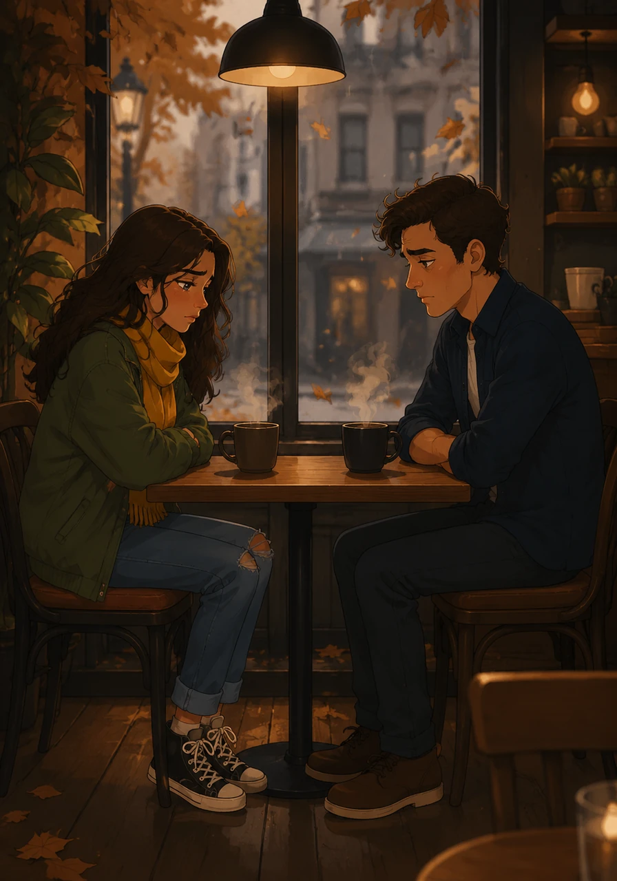 Ariana and Brycen sit across from each other in their favorite corner cafe, but the air between them feels heavy and still. The steam from their untouched coffee rises like a curtain, masking the words they are both afraid to say. Outside, the autumn leaves begin to fall, mirroring the quiet cooling of their hearts.