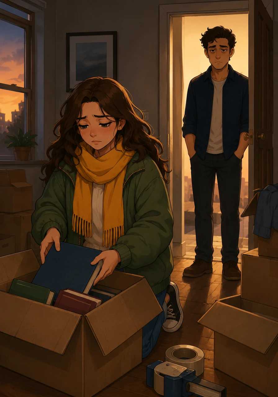 The sound of packing tape echoes through the quiet rooms as Ariana carefully places her books into a cardboard box. Each item she packs is a fragment of a life they built together, now being tucked away to make room for something new. Brycen watches from the doorway, his silhouette framed by the fading evening light.