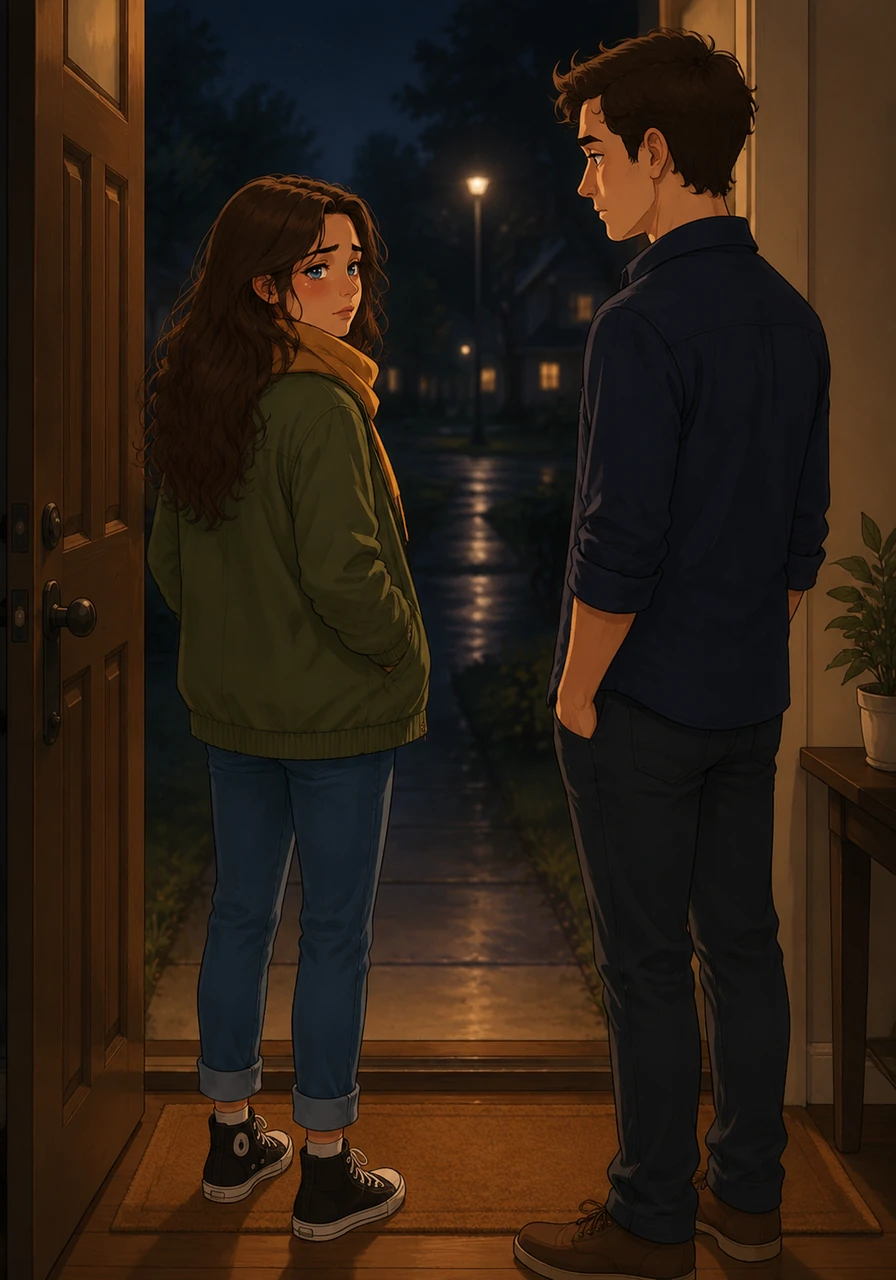 They stand at the threshold of the front door, the finality of the moment hanging in the air like a bated breath. There are no more arguments or tears, only a soft, mutual respect for the time they shared. They share one last, lingering look before Ariana steps out into the cool night air.