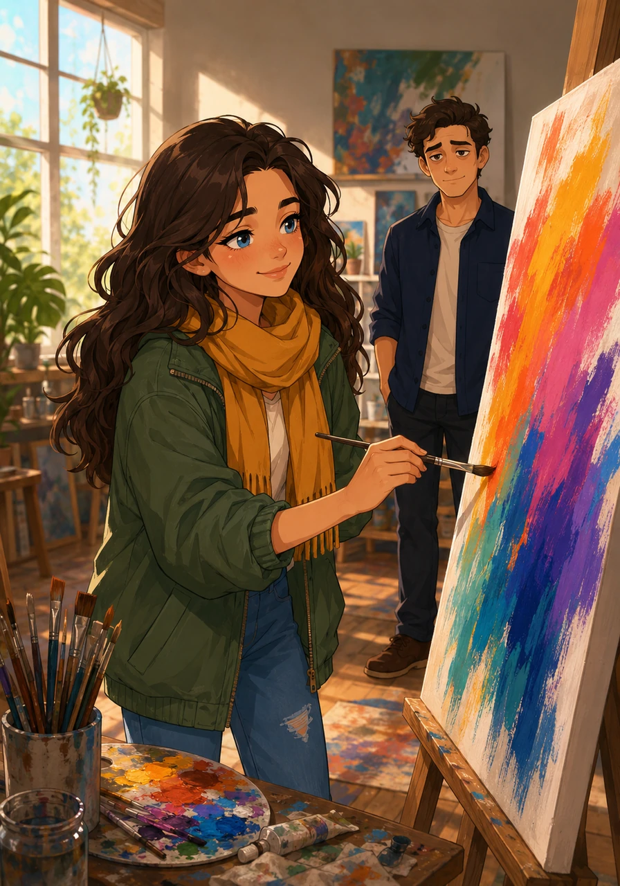 In a sun-drenched new studio, Ariana picks up a paintbrush and begins to cover a blank canvas with bold, vibrant colors. The pain of the ending has transformed into the inspiration for a new beginning, full of self-discovery and hope. She smiles to herself, knowing that while one story has ended, her own journey is just starting.
