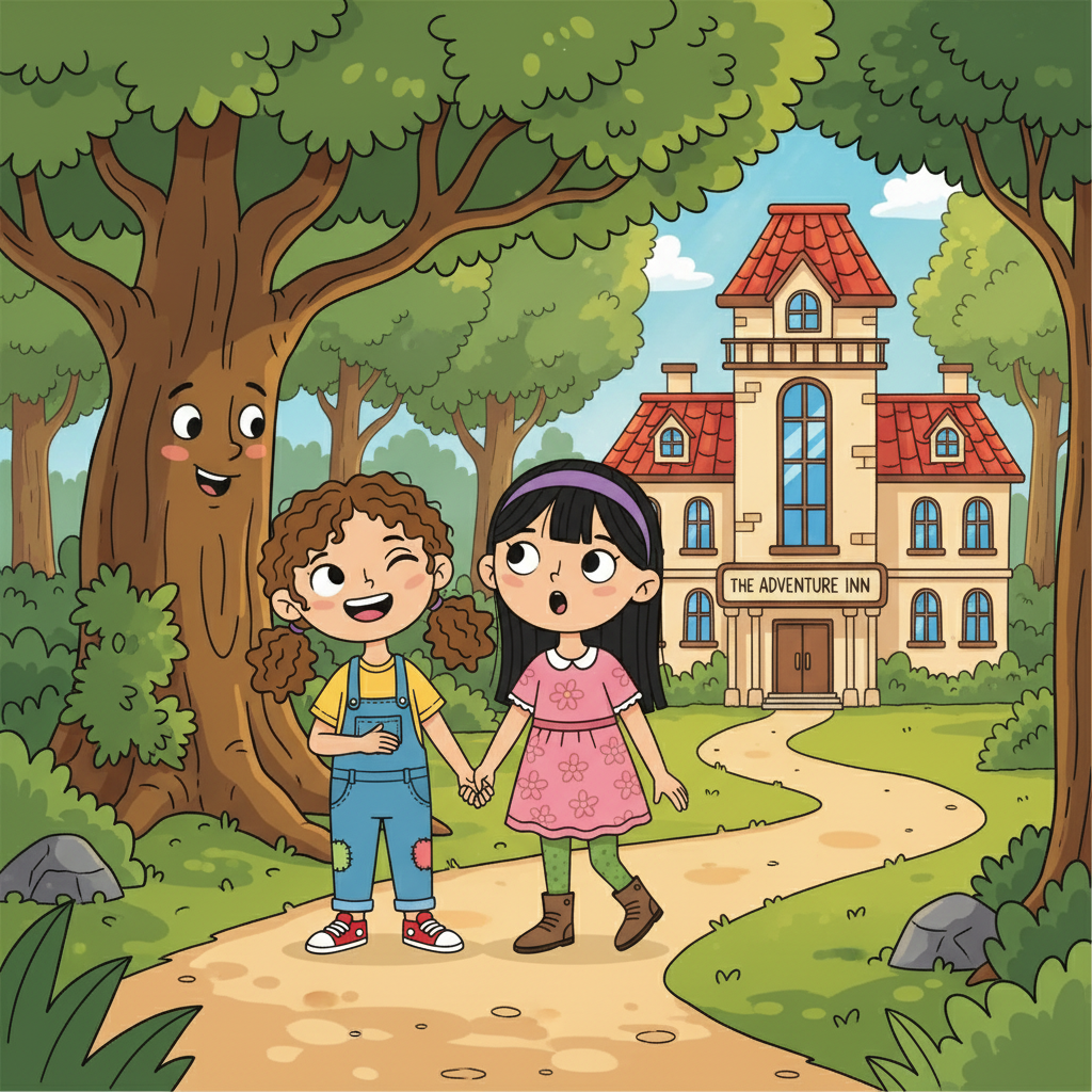 The next morning, Emma and Sofia decided to explore the woods near the city. They strolled along a winding path, chatting and laughing. But the path, in a twist of fate, led them right back to their hotel!
