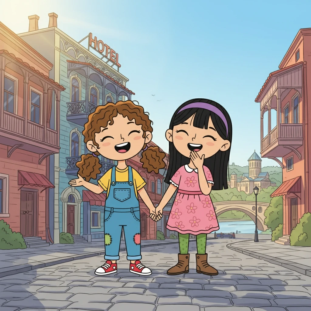 Sofia, with a thoughtful look, exclaimed, "Wow, we're real explorers - we just discovered our hotel twice!" They both burst into laughter, ready for their next adventure in Tbilisi. Their day had just begun!