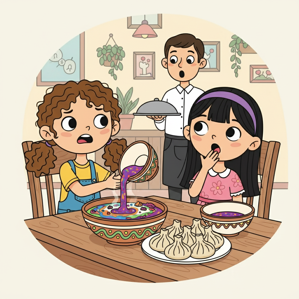 Later, at a local café, the waiter brought a delicious plate of khinkali and a big bowl of sauce. Emma, eager to add some flavor, accidentally poured all the sauce into a pot of soup. The soup's appearance was… unexpected.