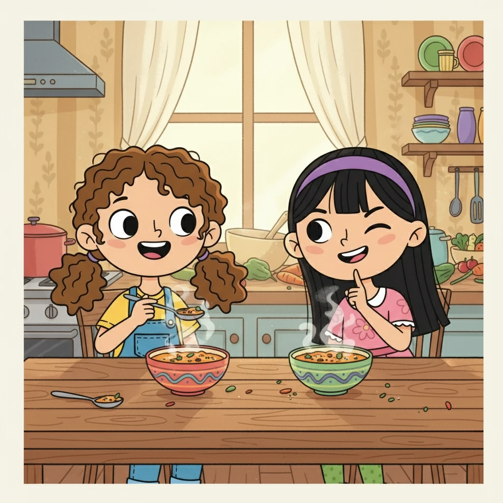 They tentatively tasted the soup. Their eyes widened with surprise. "It's sweet and spicy at the same time!" Sofia exclaimed, giggling. Emma, with a mischievous grin, added, "Let's not tell anyone we made it!"
