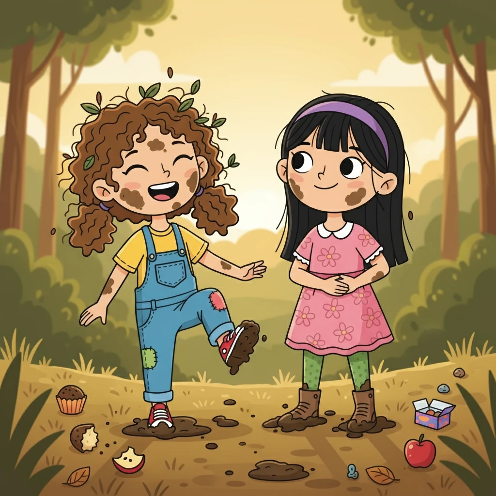 By the end of the day, their shoes were muddy, their hair a mess, and their stomachs full of delightful surprises. "What a mess!" Emma said, laughing. "Yes," Sofia replied, "but I've never been in such high spirits!"