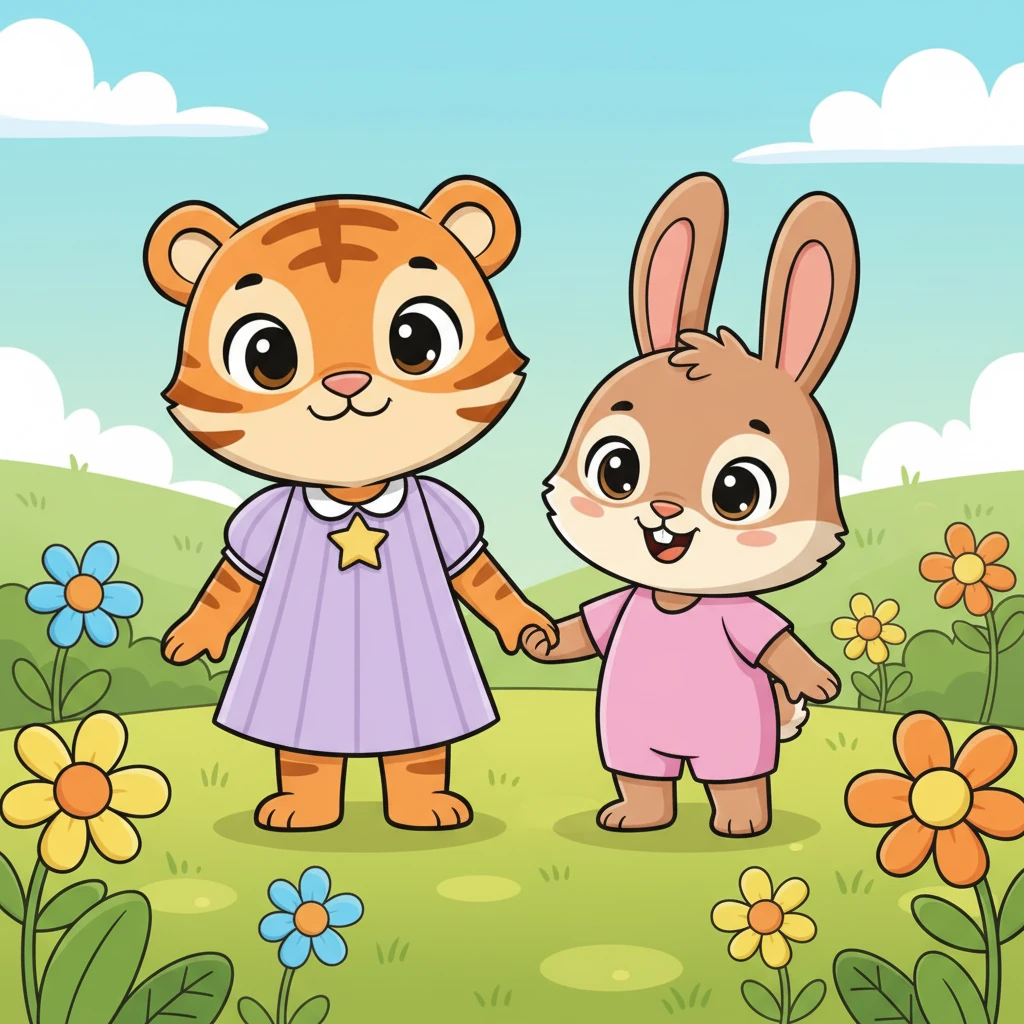Lily, a brave baby tiger in a pastel purple dress with gentle stripes and a confident smile, holds the hand of her younger sister, Pip, a cheerful baby bunny with soft brown fur and big expressive eyes in a pink outfit. They stand in a sun-dappled meadow, surrounded by oversized, rounded flowers, their faces beaming with anticipation for a grand adventure.