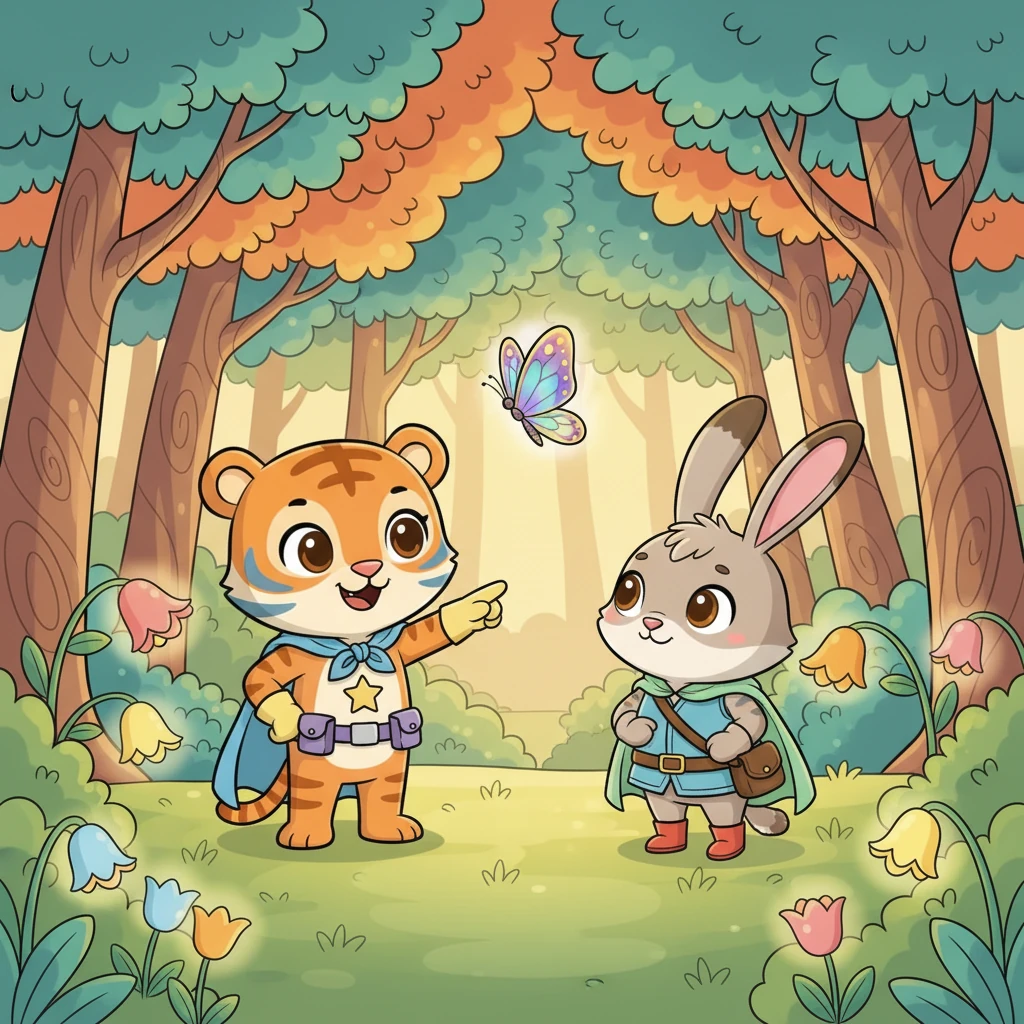 The sisters step into a whimsical forest where trees have rounded, candy-like trunks and leaves in shades of teal and orange. Glowing, bell-shaped flowers light their path, and Pip, with her big expressive eyes, points excitedly at a shimmering butterfly fluttering past, leading them deeper into the woods.