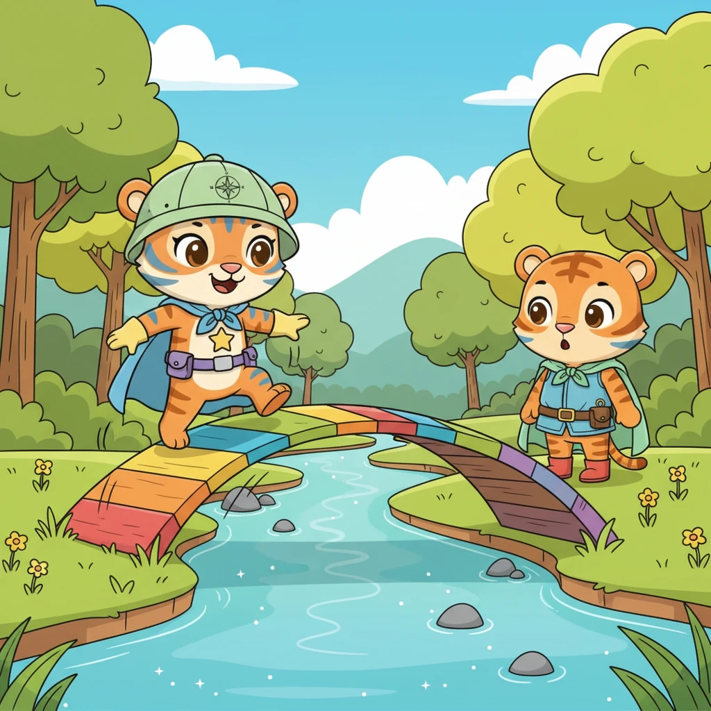 They come across a bouncy, rainbow-colored bridge that jiggles playfully over a stream of sparkling, blue water. Lily, with a determined yet joyful expression, takes the first brave step onto the wobbly bridge, showing Pip it's safe to follow.