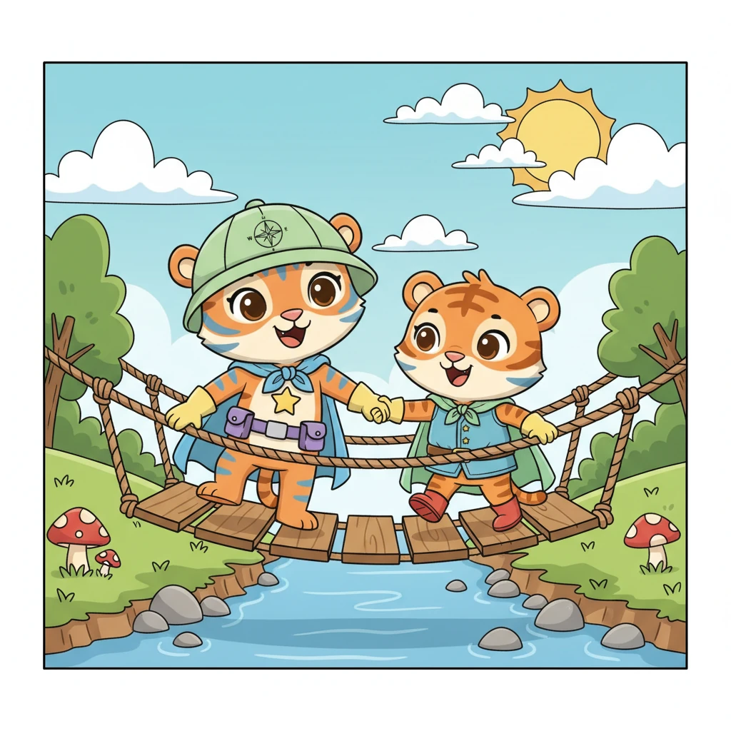 The two sisters giggle as they carefully traverse the wobbly bridge, their feet bouncing lightly with each step. When Pip stumbles slightly, Lily firmly holds her hand, her confident smile reassuring her younger sister, making the journey feel safe and full of fun.