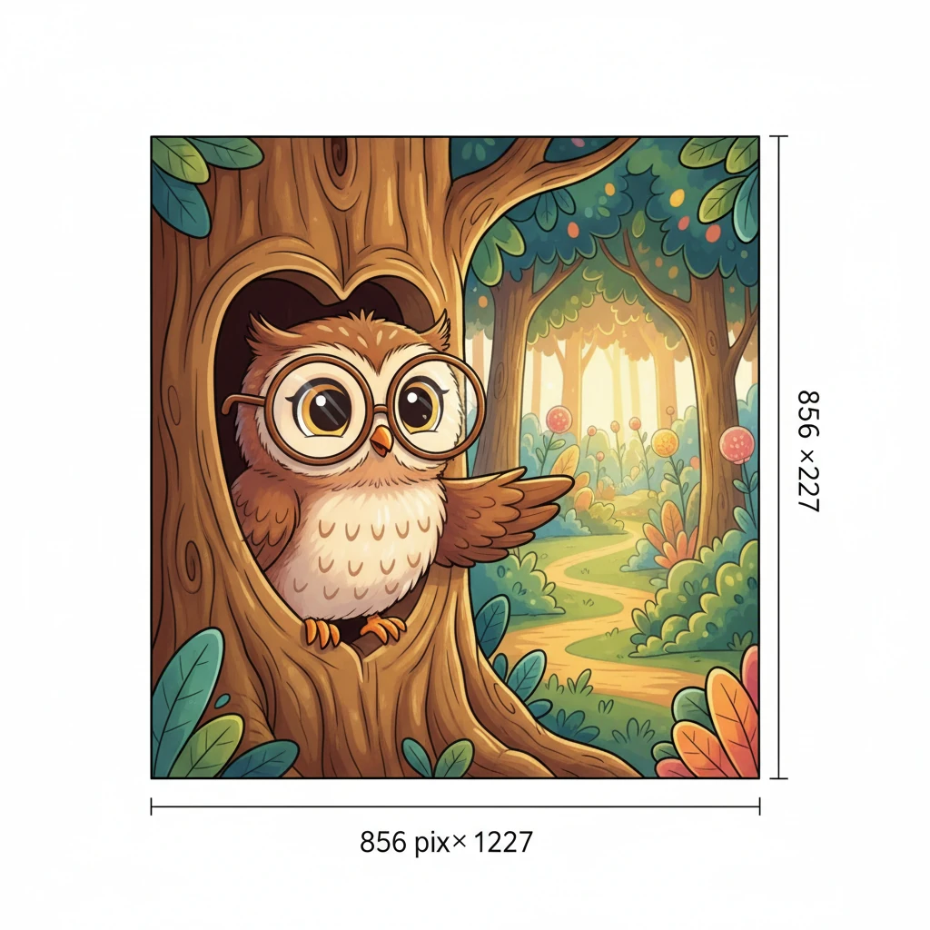Deep within the whimsical woods, a fluffy, wide-eyed owl with large, rounded glasses peeks shyly from a heart-shaped hollow in a sturdy tree trunk. It gestures with a tiny wing towards a hidden path, its gentle expression promising a secret discovery and guiding the sisters onward.
