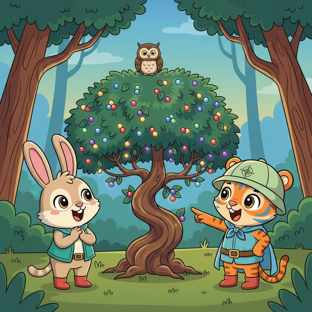 Lily and Pip gasp in delight as they follow the owl's directions and discover the legendary Sparkleberry Bush, a magnificent plant adorned with berries that glow in every color of the rainbow. The berries twinkle like tiny jewels, casting a soft, magical light on the sisters' awestruck faces.