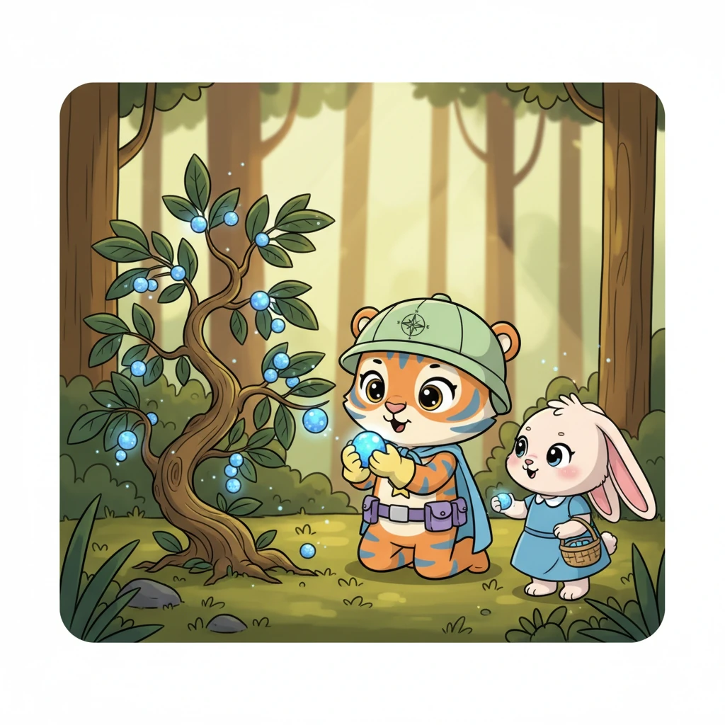 With gentle hands, Lily and Pip carefully pluck a few of the shimmering Sparkleberries, ensuring they leave many behind for other forest friends. Pip holds a glowing berry close, her big eyes reflecting its magical sparkle, a look of pure wonder on her face.