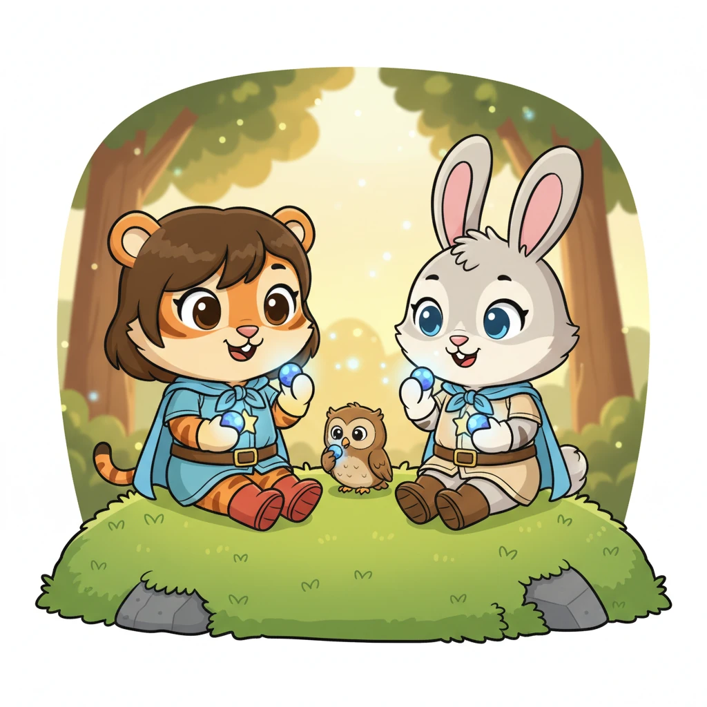 The sisters sit comfortably on a plush, rounded mossy bank, sharing the delicious Sparkleberries, their faces glowing with contentment. The friendly little owl perches nearby, happily nibbling its own berry, enjoying the shared moment of sweet magic and friendship.