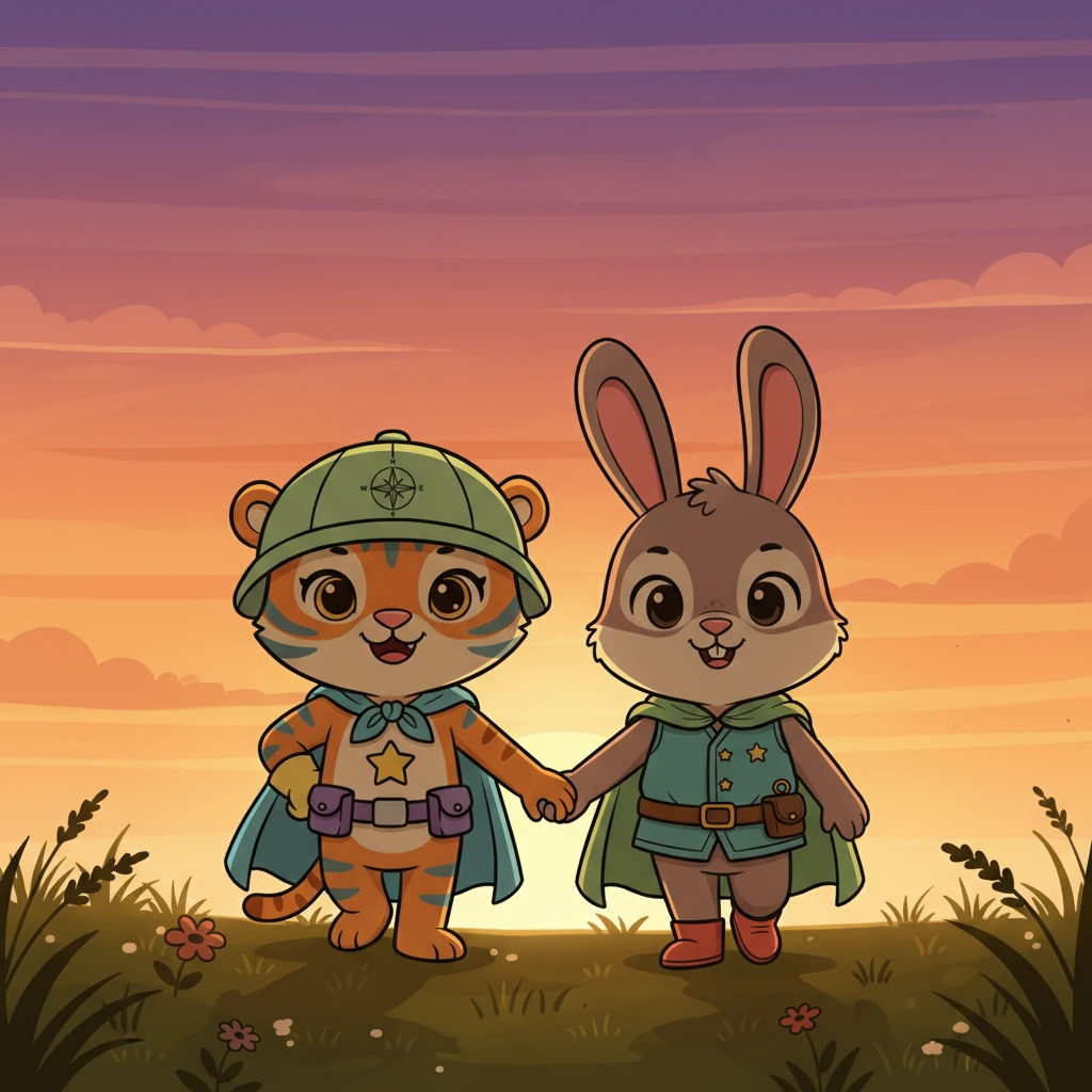 Hand-in-hand, Lily and Pip stroll back through the darkening meadow, silhouetted against a sky painted with warm orange and purple hues. Their smiles are wide and their steps light, their adventure having filled their hearts with happy memories and strengthened their loving sisterly bond.