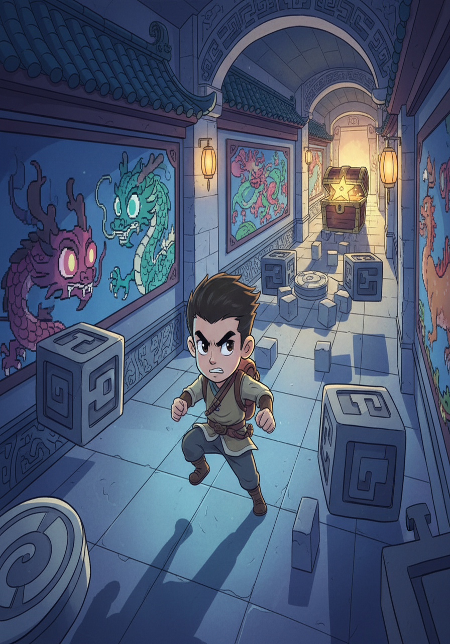 小P闯入城堡，发现迷宫般的走廊。墙上的像素画栩栩如生，似乎在注视着他。他需要躲避移动的障碍，才能找到藏在宝箱里的星星。他的决心越来越坚定，眼神也更加锐利。