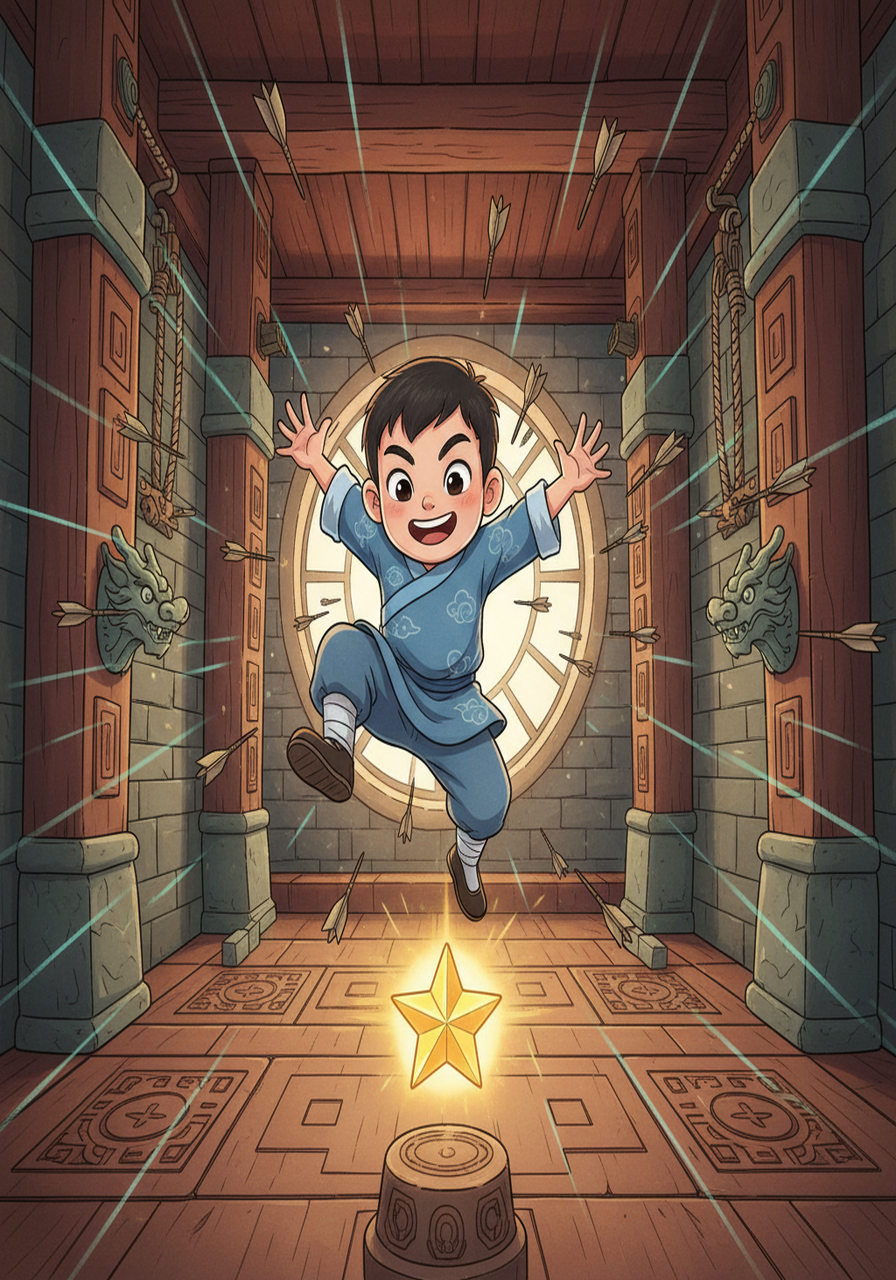 小P来到了一个充满机关的房间。无数飞镖朝他射来，他需要迅速反应才能躲避。他灵活地跳跃、翻滚，最终成功避开了所有陷阱，并获得了第二颗星星。他的脸上露出了胜利的微笑。