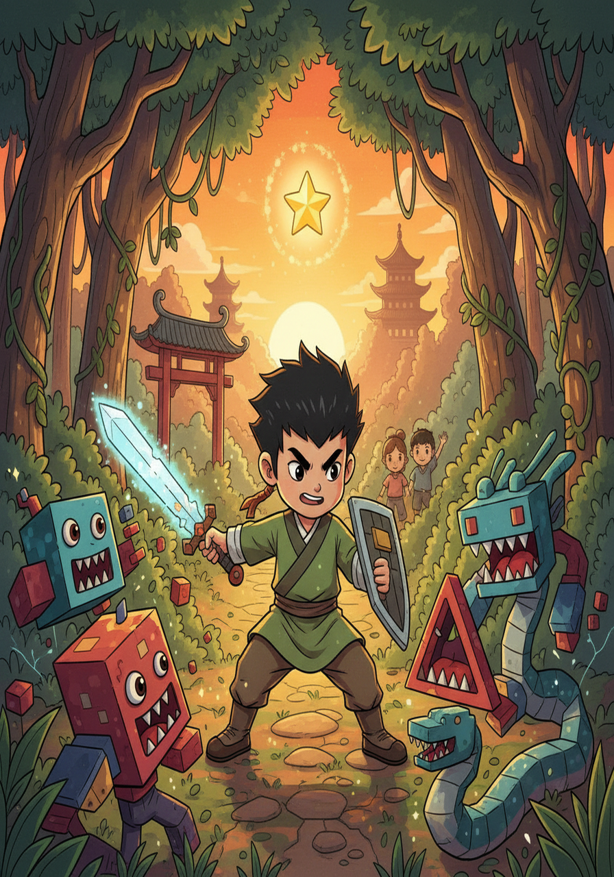 小P来到了一片充满怪物的森林。他勇敢地面对各种像素化的怪物，用手中的武器不断战斗。经过一番激烈的搏斗，他终于战胜了怪物，得到了第三颗星星。他知道，朋友们就在前方等待着他。