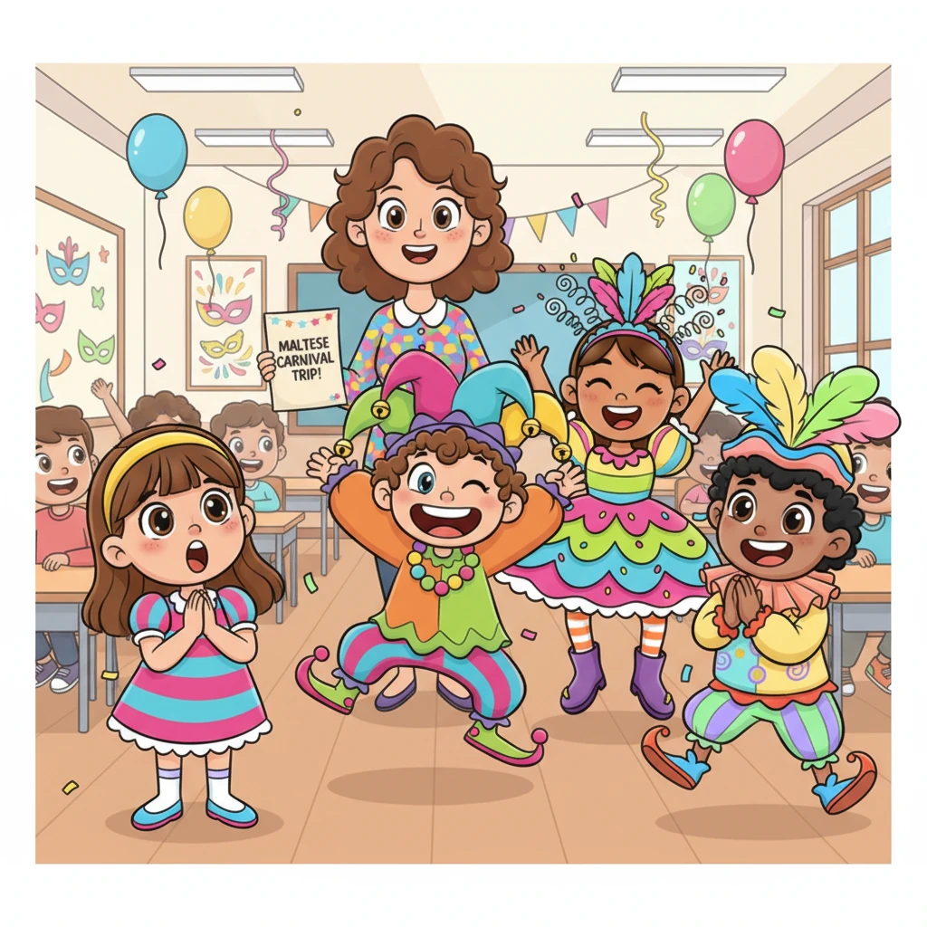 Lily, with wide, sparkling eyes, listened intently as her teacher announced a special class trip to the Maltese Carnival! Joel, Maya, and John cheered loudly, already imagining the fun. Their classroom transformed into a buzzing hive of excitement, filled with whispers of costumes and colorful floats.