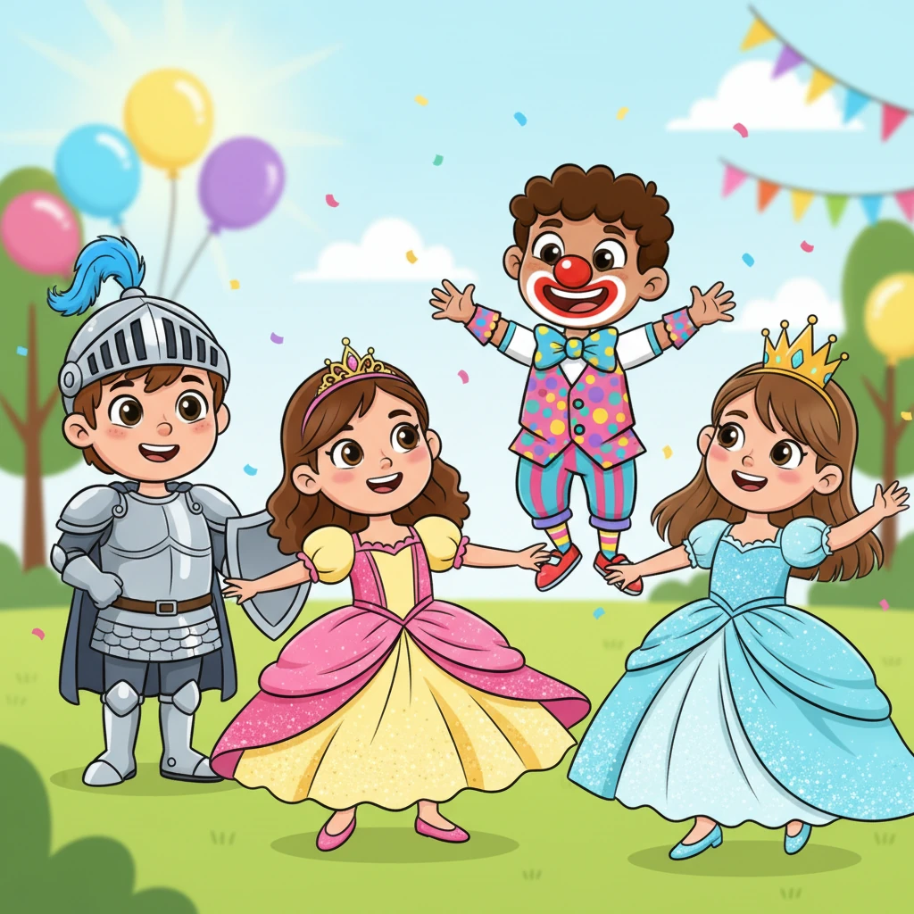 The next morning, everyone arrived dressed in their brightest, most imaginative carnival outfits. Eliyas wore a shiny knight's costume, while Ben sported a silly clown nose. Andrea and Leah twirled in sparkly princess dresses, ready for a day of magic.
