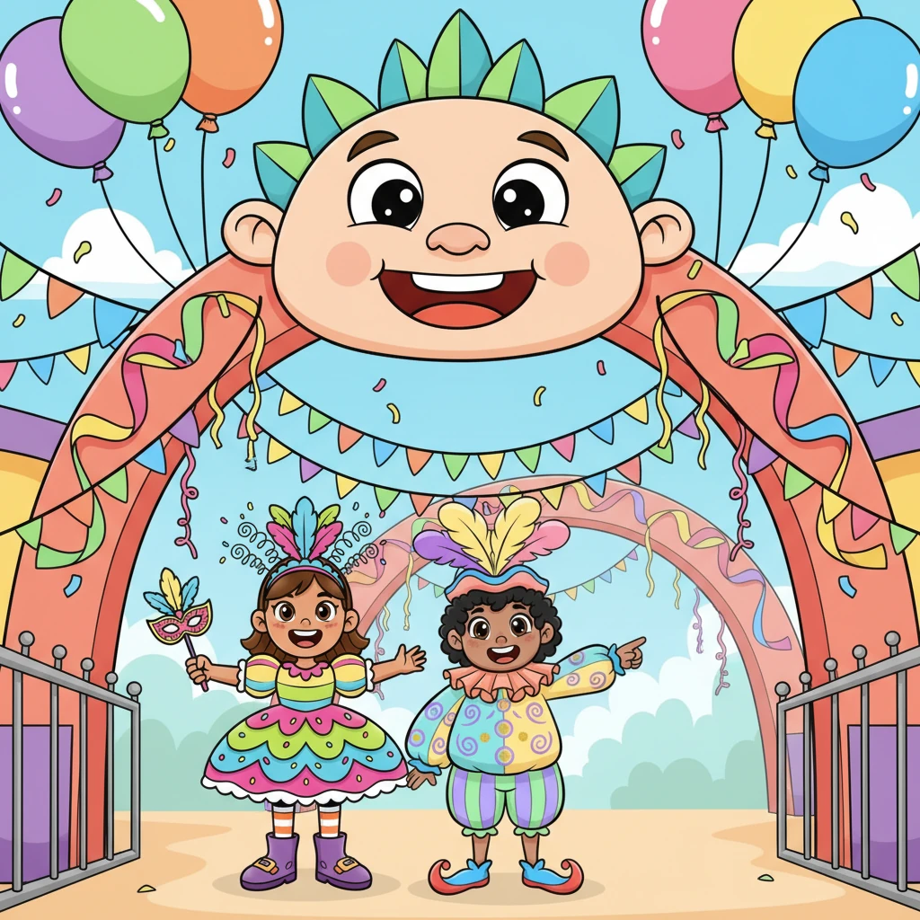 Stepping through the carnival gates felt like entering a giant rainbow! Giant balloons floated high above, and streamers draped every archway. Julia gasped at the towering, smiling faces of the carnival mascots, while Emily pointed at the vibrant, swirling colors all around them.