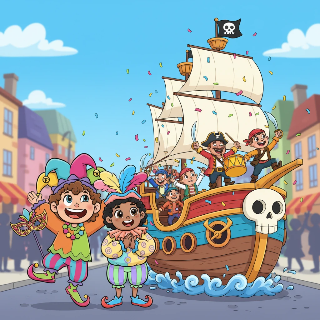A lively parade began, filling the air with music and laughter. Noah waved excitedly at a magnificent float shaped like a pirate ship, complete with dancing pirates. Azriel clapped his hands to the beat of the drums, mesmerized by the performers.