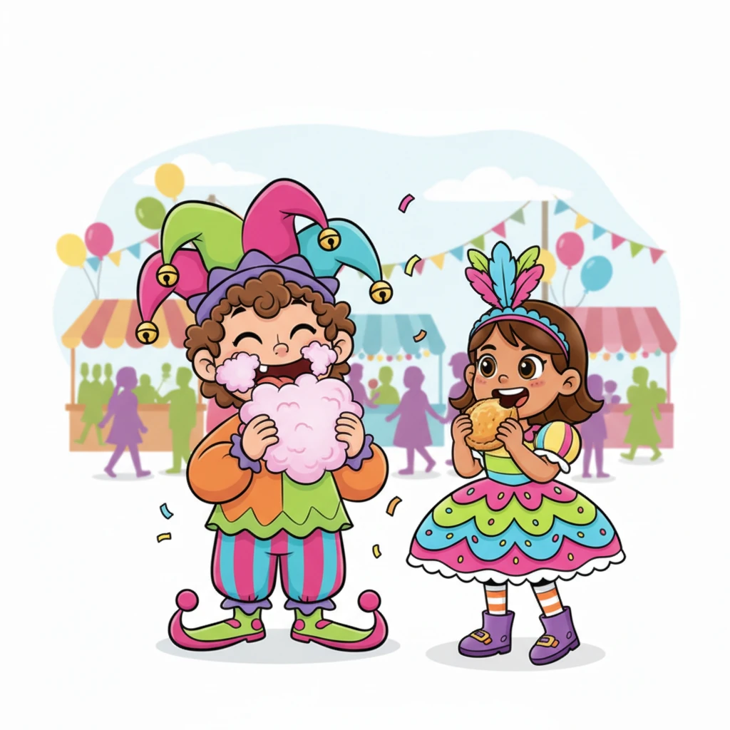 The delicious smell of sweet treats filled the air. Sebastian giggled as he took a huge bite of fluffy pink cotton candy, getting it all over his face. Sam happily munched on a warm, sugary pastizzi, his eyes still fixed on the colorful crowd.