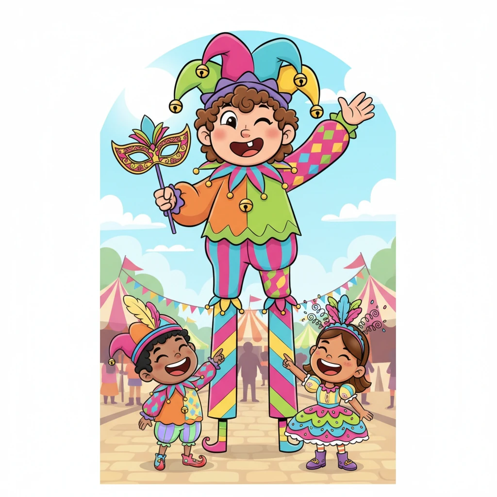 A friendly giant jester on stilts walked past, towering over everyone. He winked at the children, making John and Eliyas burst into laughter. His colorful costume shimmered under the bright carnival sun.