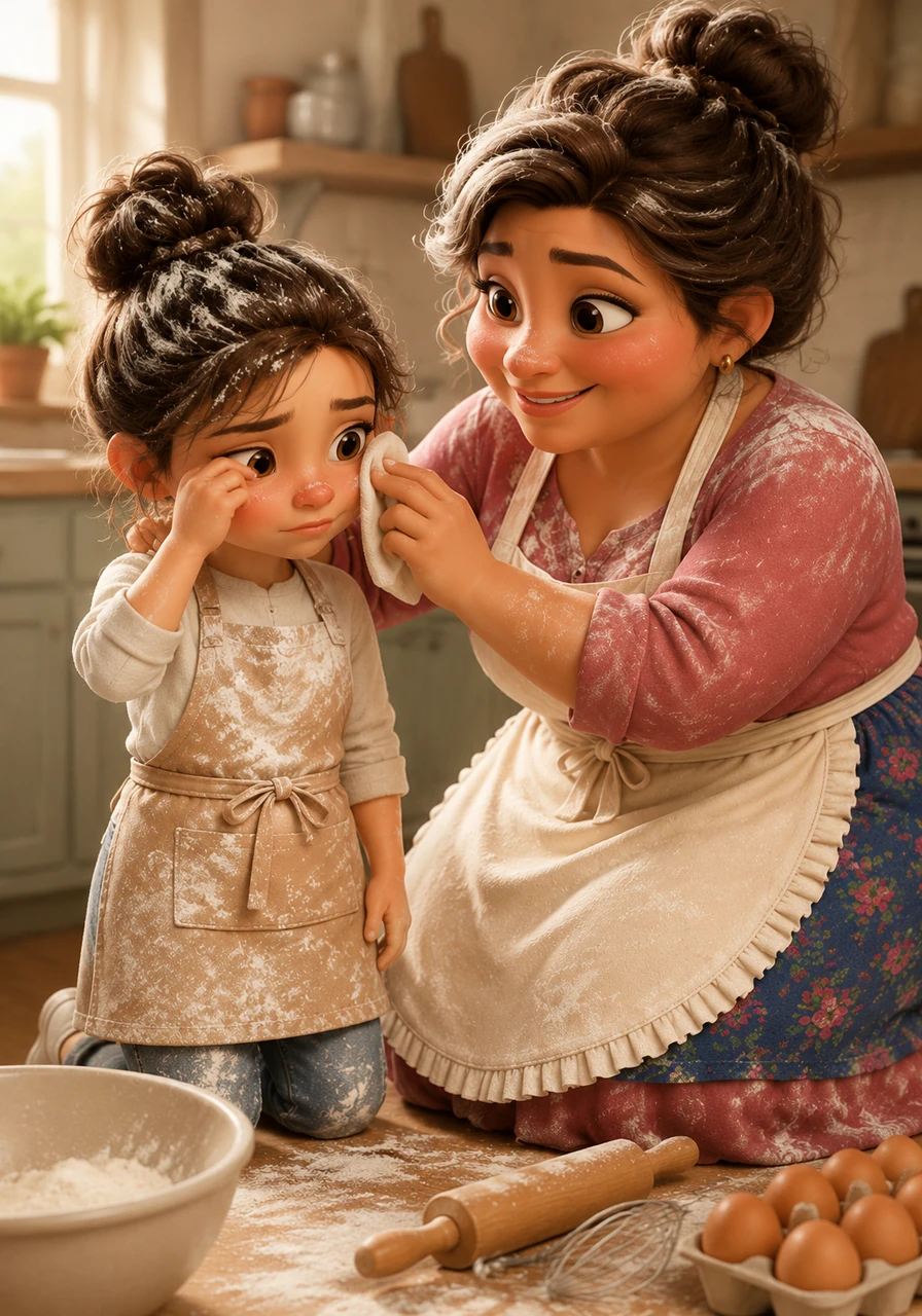 Wiping flour from her eyes, Isabella felt a wave of frustration wash over her, fearing she had ruined their special afternoon. Tresa knelt down to her eye level, gently wiping a streak of white from her daughter's cheek. She reminded Isabella that mistakes are just unexpected steps in learning how to bake.