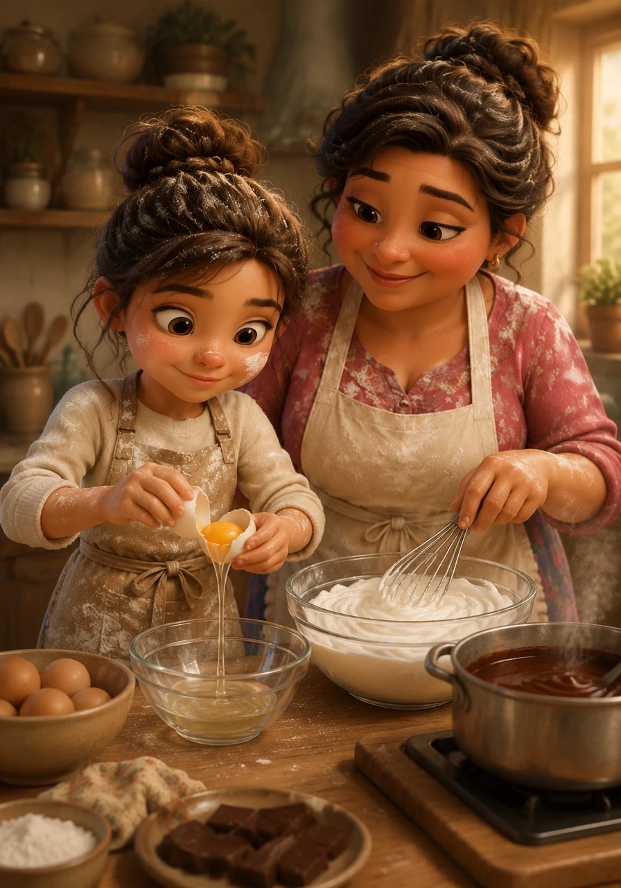 With a renewed sense of calm, Isabella carefully cracked the eggs, separating the golden yolks from the translucent whites. Tresa showed her the secret rhythmic motion of whisking, guiding her hands until the mixture turned into fluffy, stiff peaks. The kitchen filled with the comforting, sweet aroma of melted dark chocolate.
