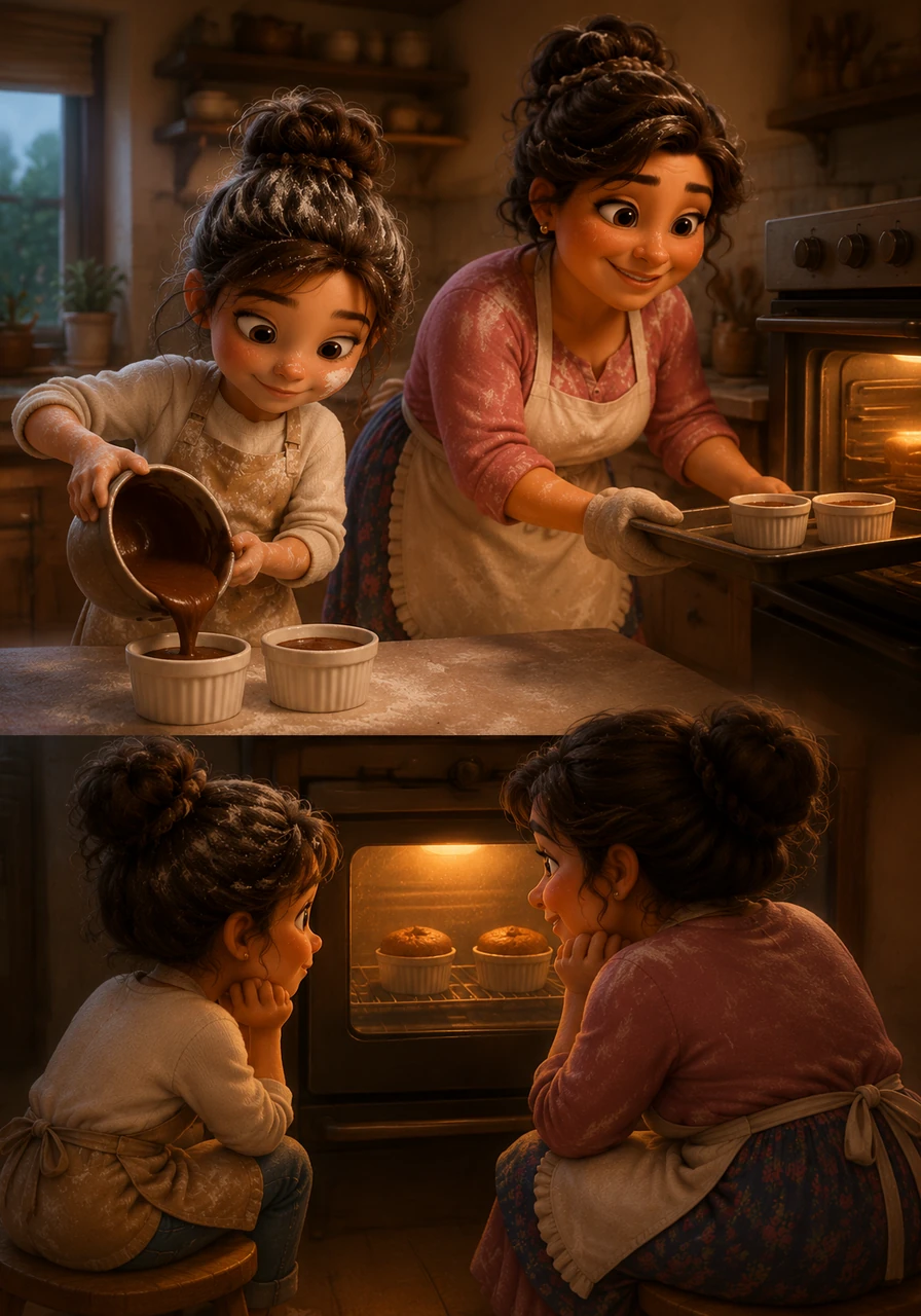 Isabella carefully poured the smooth, glossy batter into two ceramic ramekins, her hands steady and precise this time. Tresa carefully slid the trays into the glowing, warm oven, sealing their hard work inside. They sat side-by-side on kitchen stools, staring through the glass door as the timer began to tick.